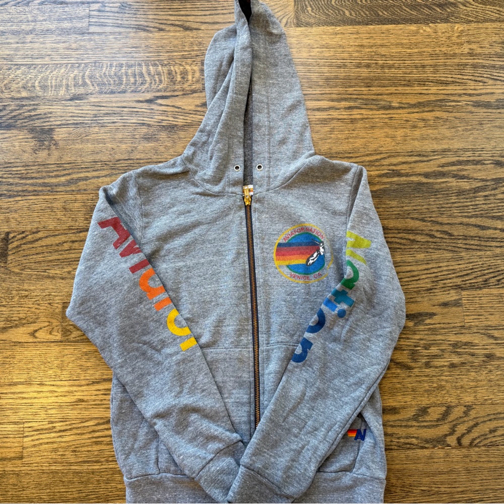 Aviator Nation Gray Hoodie with Rainbow Accents